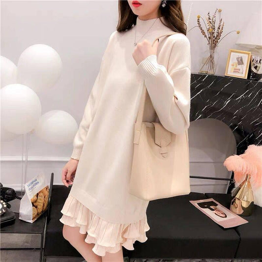 Pofulove Women Pretty Sweater Dress Long Section Turtleneck Ruffles Lace Knitted Skirt Pullover