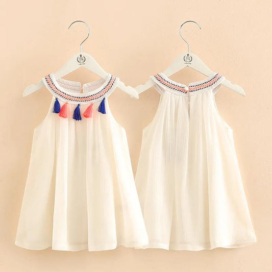 Summer 2-10 Years Children's Braid Ethnic Vintage Style Tank Sundress Tassel Kids Baby Girls Lace Dress Fairy Gas Mesh Yarn Embossed Dress