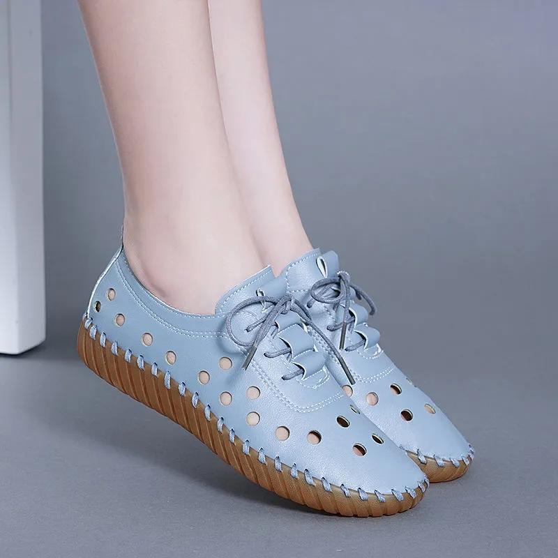 Women's Summer Soft Leather Hollow Shoes Hole Shoes Tendon Bottom Sandals Flat Casual Shoes Soft Bottom Comfortable Mother Shoes