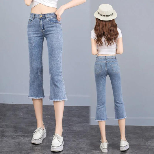 Cropped Jeans Women's Flared Pants Summer Thin Section High-waist Stretch Hole Was Thin Loose Wide-leg Pants In Summer