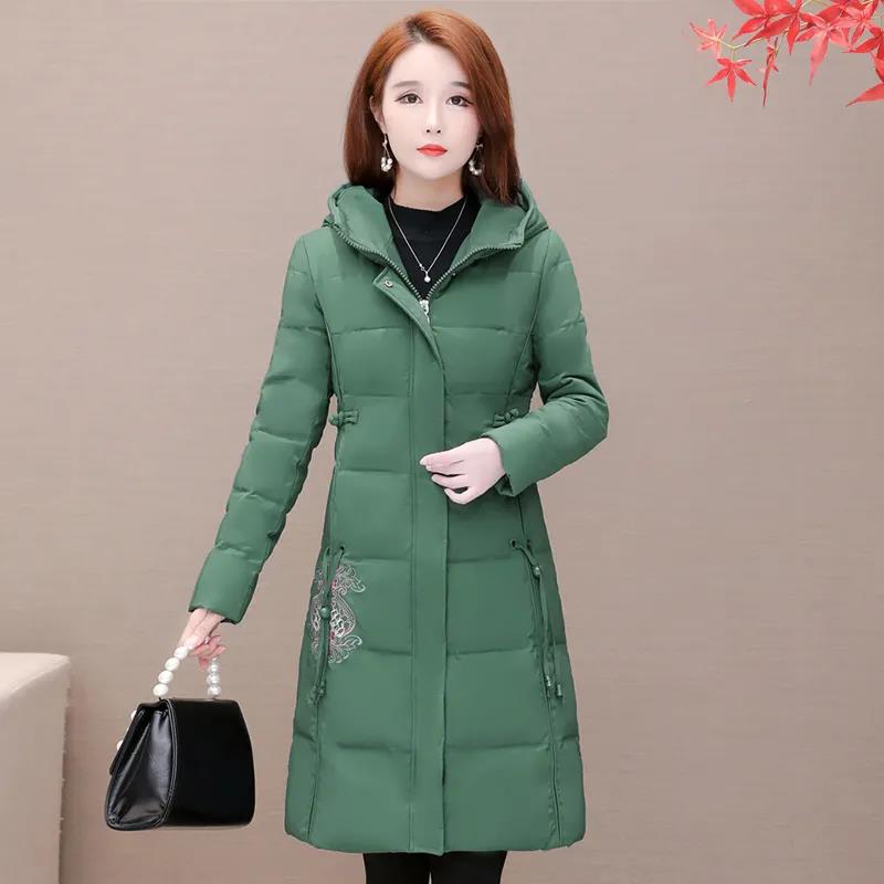 Winter Women's Mid-length Down Jacket Chinese Style Embroidered Slim Down Cotton Jacket Thick Warm Hooded Cotton Jacket