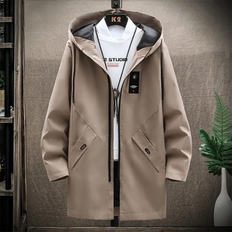 Autumn Windbreakers Men's Windbreaker Mid-length Korean Style Trendy Slim Coat Plus Velvet Thick Men's Coats