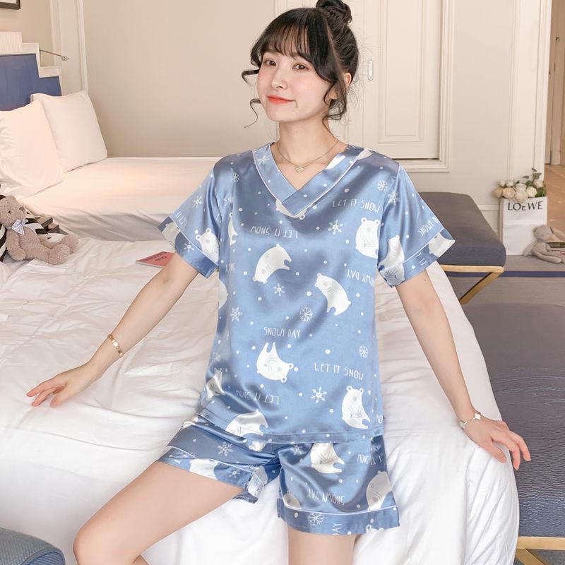 Two-piece suit cute thin ice silk summer home service Pajamas female summer short-sleeved silk