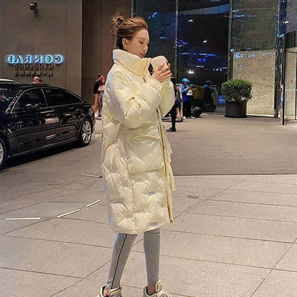 Autumn and Winter Bright Face Stand-up Collar Hoodless Cotton-padded Jacket Women's Mid-length Large Size Loose Bread Jacket Warm Cotton Jacket