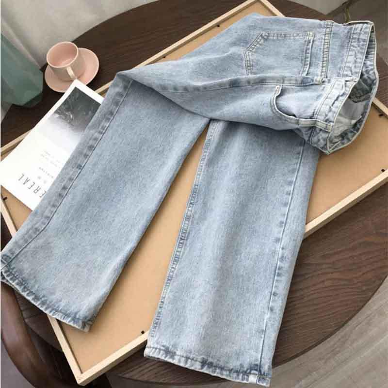 WTEMPO Women's Wide-leg Pants Retro Straight High Waist Jeans Student Wild Ripped Jeanselastic Leg Pants