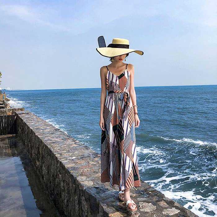 Pofulove Women V-neck Chiffon Dress Printed Sun-dresses Below The Knee Beach Vacation Beach Dress