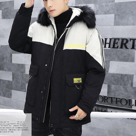 Fashion Parker Jacket Winter Fashion Men's Cotton Jacket Thicken Stitching Trendy Brand Hooded Cotton Jacket Loose Men's Cotton Jacket