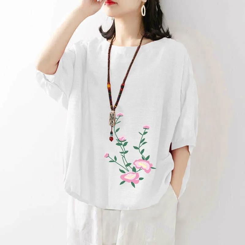 Women's Cotton Linen Short-sleeved Print T-shirt Female Summer Solid Color Loose Large Size Tops