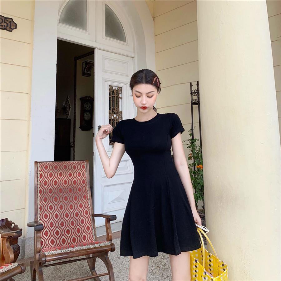 Women Summer Short Sleeve Solid Color Casual Dress Slim Round Collar High Waist T-shirt Figure Showing Dress