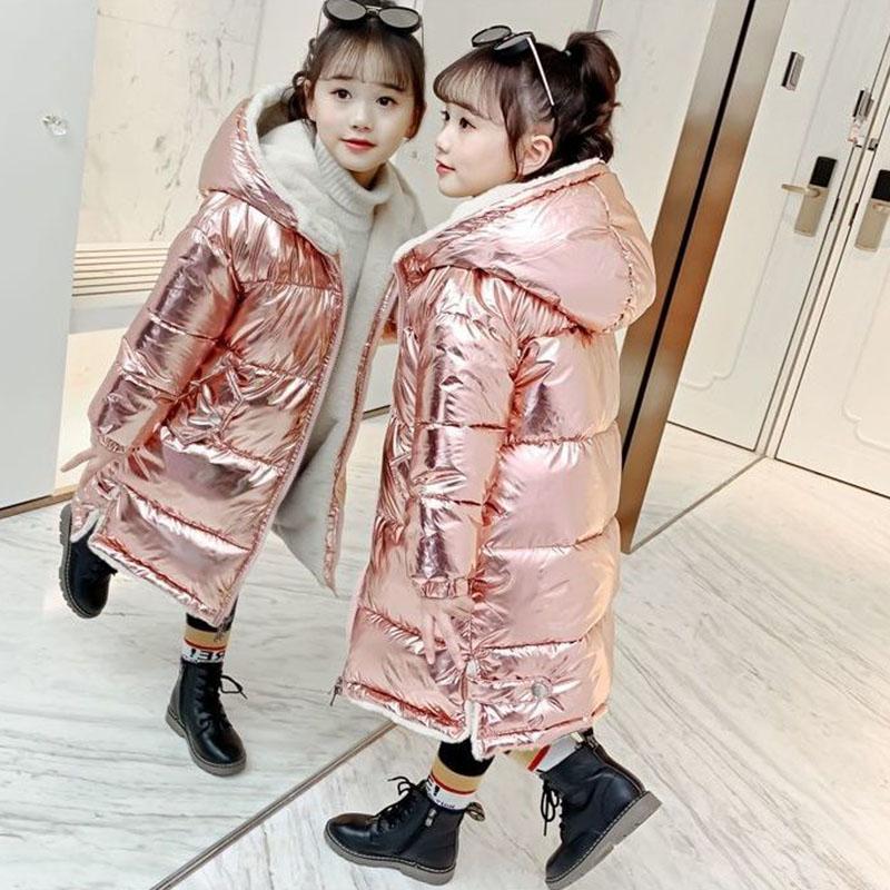 Girls' Cotton-padded Coat Winter Long Children Parka Jacket Kids Plus Velvet Warm Shiny Hooded Parka Coat