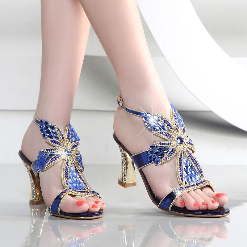 Women's high heel sandals rhinestone summer European and American fashion block  high heel sandals women diamond sexy ladies sandals