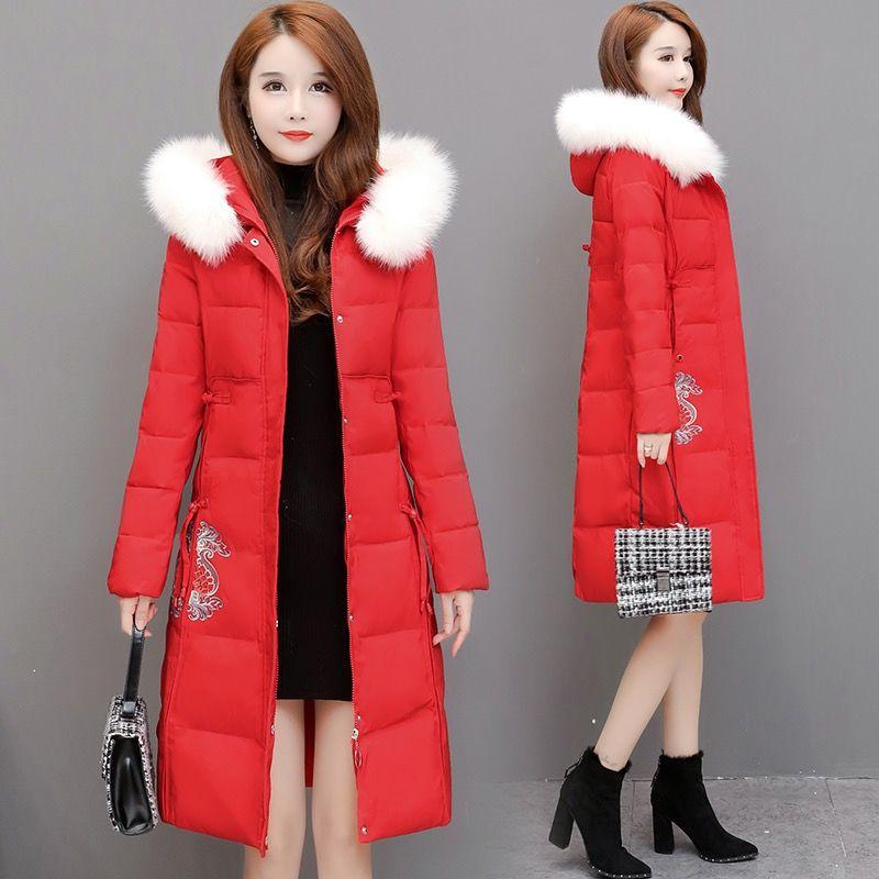 Winter Chinese Style Embroidered Down Women's Mid-length Temperament Is Thin and Slim, Large Fur Collar Hooded Padded Jacket