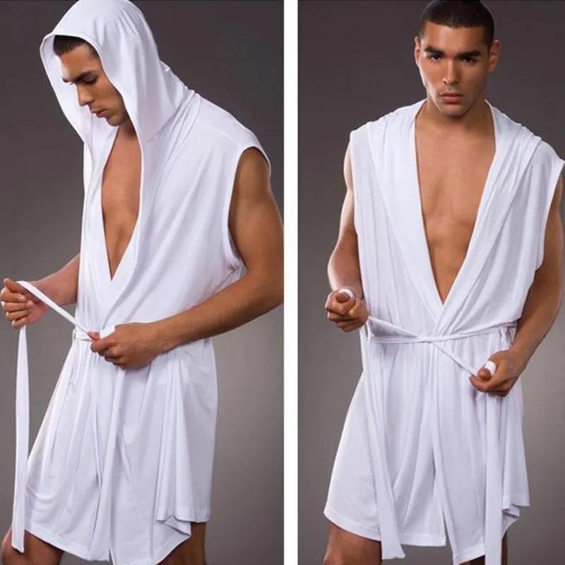 European Version Men's Bathrobe Men's Sleeveless Silky Pajamas Men's Hooded Nightgown Bathrobe Men's Ultra-thin Homewear