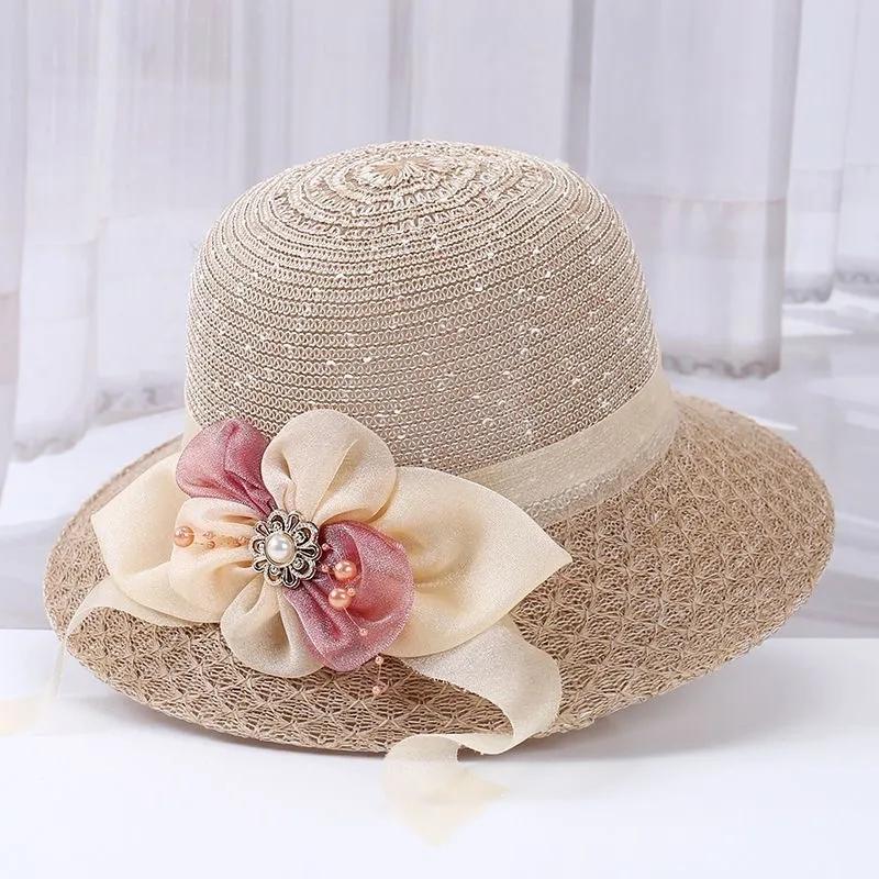 Women's Sun Cap Summer Flower Ribbon Bow Straw Hat Sunscreen Hollow Out Beach Holiday Vacation Anti-UV Hat All-match Sun Hat