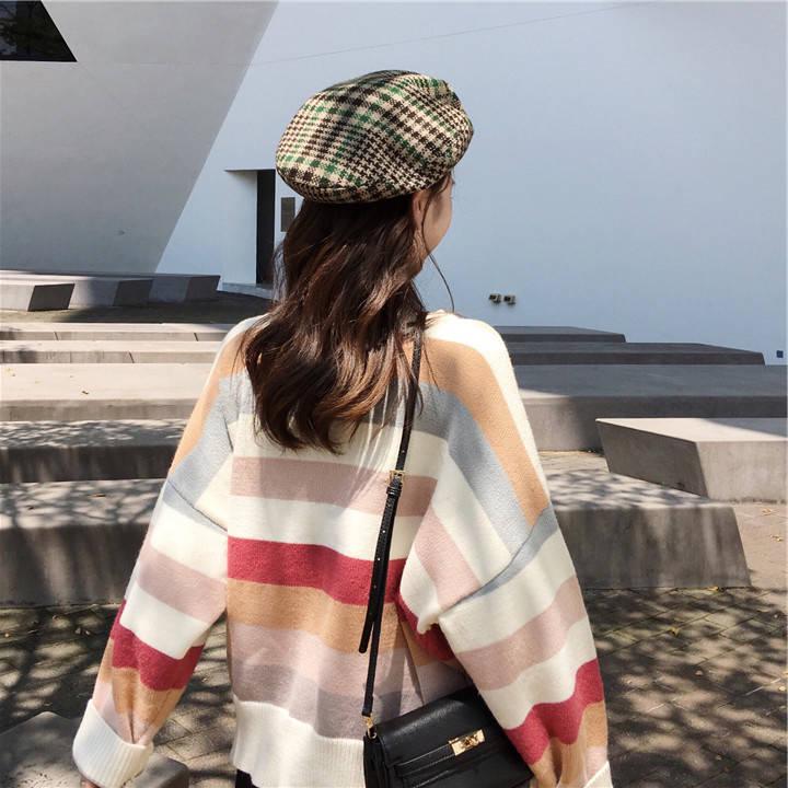 Pofulove Loose Pullover Sweater Women Autumn  Winter Cute Colored Striped Knitted Sweater Student