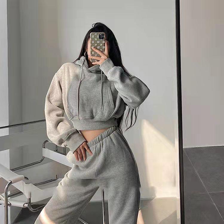 2PCS Tracksuits for Grils Hooded Short Pocket Fleece Sweater Korean Version High Waist Loose Leggings Sweatpants Suit Two-piece Set