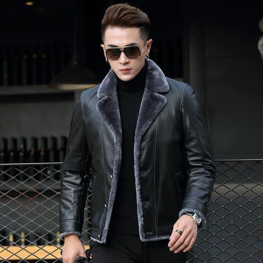 Leather Lapel Men's Leather Winter Motorcycle Jacket Top Layer Leather Short Fashion Slim Youth Leather Jacket