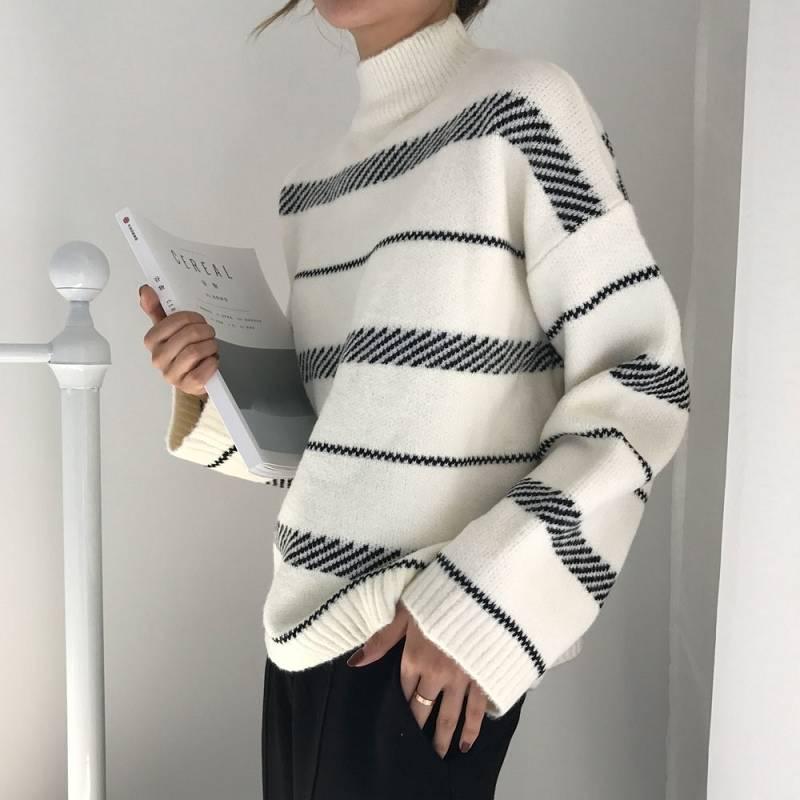 Pofulove Autumn Winter Pullover Striped Turtleneck Short Sweater Female Loose Long-sleeved Sweater