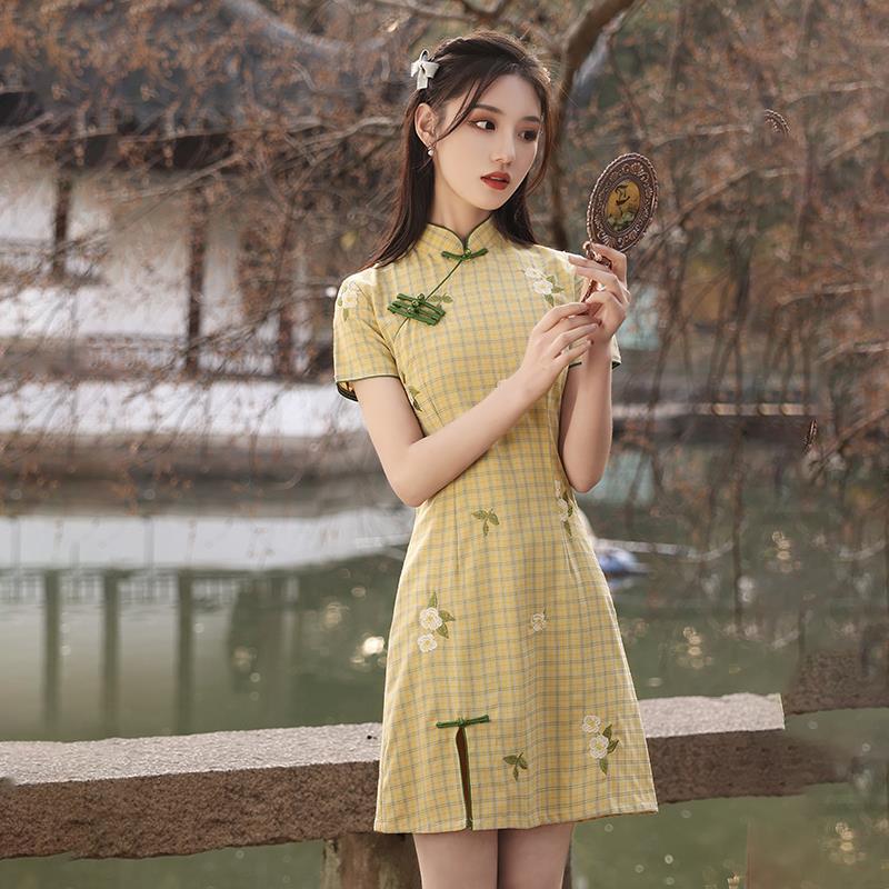 Improved Cheongsam Women's Summer Yellow and Green Plaid Daily Wear Young Girls Short Dresses