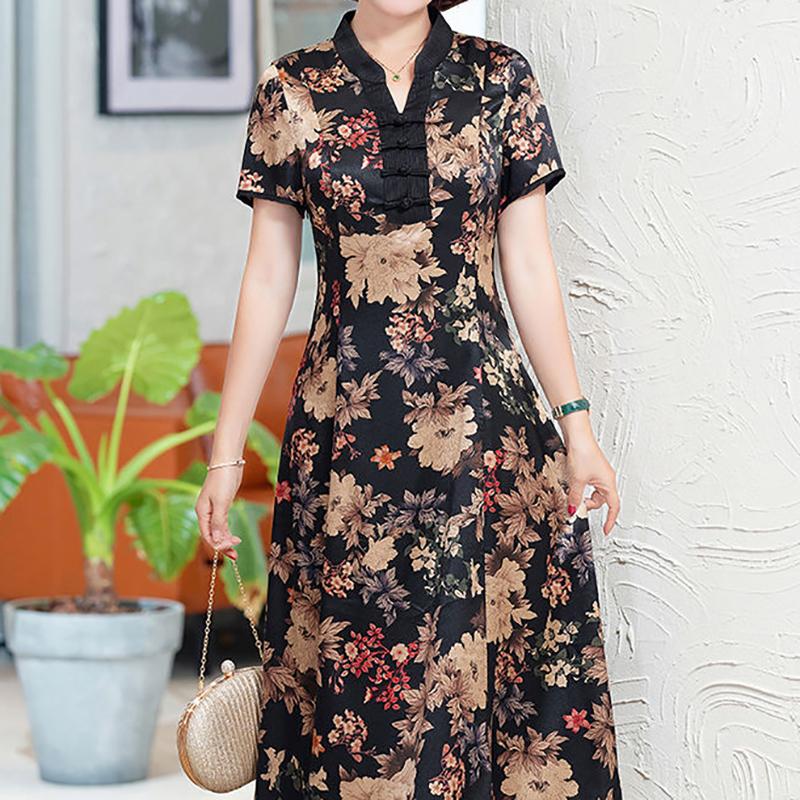 Mother Dress Floral Dress Summer Middle-aged and Elderly Women's Cheongsam Style Western Style Skirt Middle-aged Over-the-knee Long Skirt