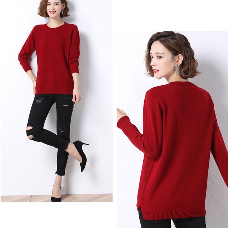 Autumn and Winter Round Neck Wool Sweater  Pullover Long-sleeved Plus Size Top Solid Color Knitted Female Sweater