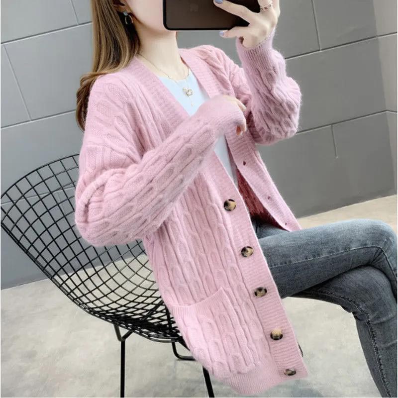 Women's Loose All-match Mid-length Knitted Sweater Cardigan Sweater Coat In Spring and Autumn