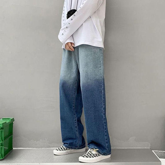 Chinese Version of Gradient Jeans Boys Autumn Trend Ins All-match Loose Wide-leg Casual Straight Long Pants Men and Women