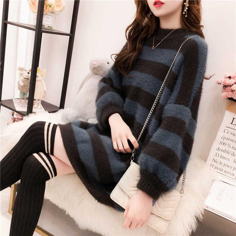 Autumn and Winter Imitation Mink Thick Sweater Striped Pullover Sweater Women Fashion Casual Jacket