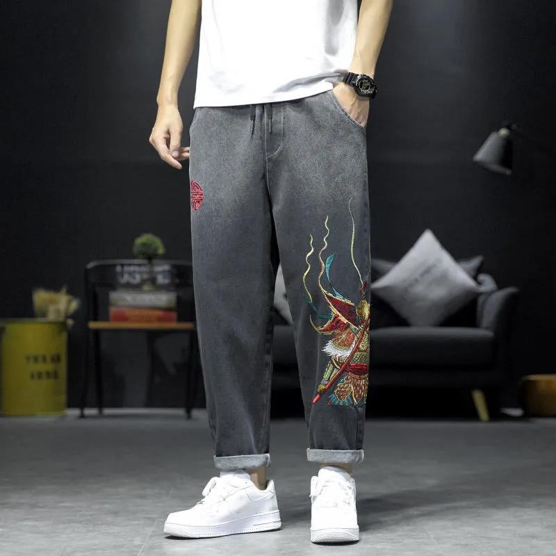 Spring and Autumn National Tide Embroidered Jeans Men's Loose XL Harem Pants Drawstring Pants