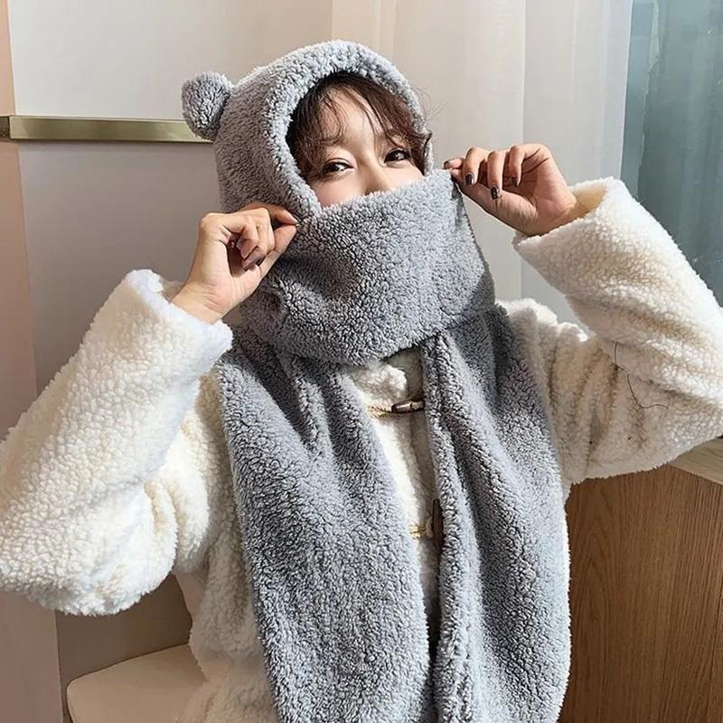 Women's All-match Cute Autumn and Winter Warm Hat Double-layer Thickening One-piece Three-purpose Hat Bear Ears Scarf Gloves Fleece Warm Caps Set