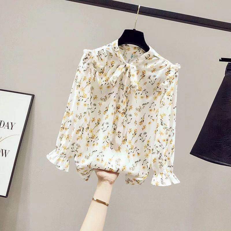 Design Niche Women's Shirts Women's Chiffon Three-quarter-sleeved Shirt Floral Shirt Temperament Elegant Bow Fabric Light and Breathable