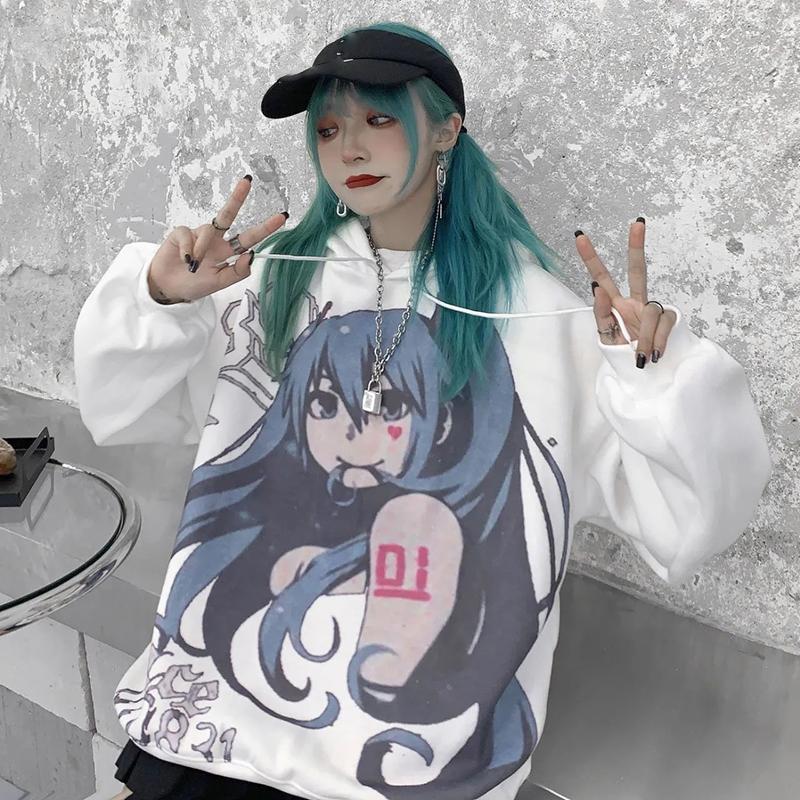 Anime Sweatshirts Hoodies Women Oversized Fashion Printed Streetwear Hip Hop Harajuku Pullovers Pink Girl Pattern Plus Size Loose Hooded Tops Women