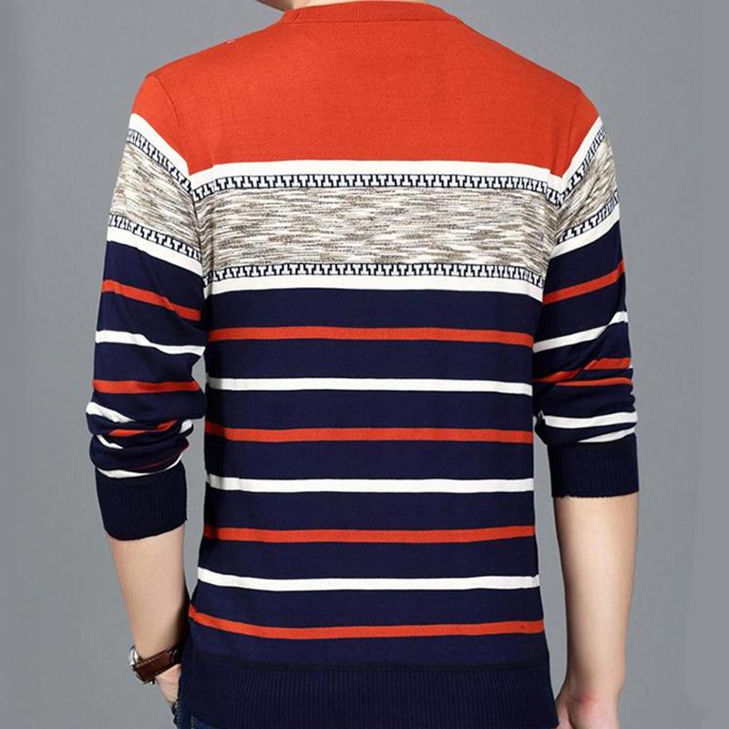 WTEMPO Men Pullover Long-sleeved Warm Sweater Round Neck Striped Pullover Soft and Comfortable  Shirt