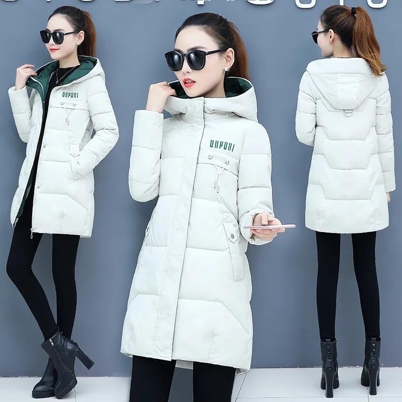 Winter Parkas for Women Mid-length Cotton Women's Down Coats Letter Print Jacket Hooded Medium Long Warm Thickning Coats Female Slim Outerwear