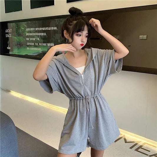 Student Sports Suit Short Sleeve Bodysuit Female Summer Loose Hooded Waist Slim One-piece Casual Wide-leg Pants Jogging Sets Tracksuits for Women