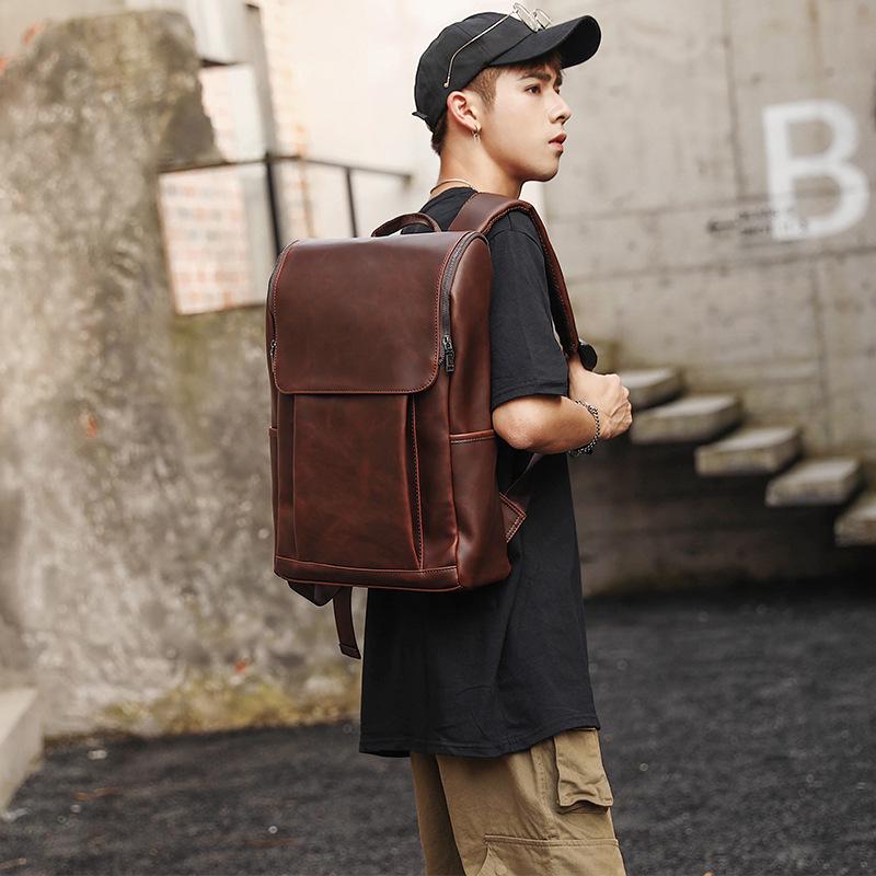 Retro Backpack Men Brown Waterproof Flip Zipper Student Computer Bag Outdoor Sports Travel Bag