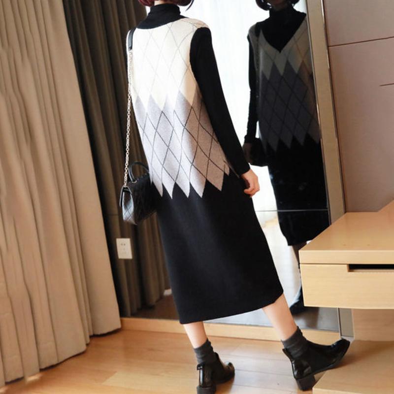 Women's Vest Sweater Dress Autumn and Winter Long Over The Knee Loose V-neck Sleeveless Vest Knitted Dress Temperament Base Lining