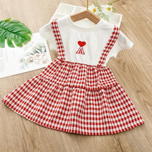 Girls Dress Short-sleeved Stitching Plaid Skirt Children's Highlights Fake Two-piece Princess Dress