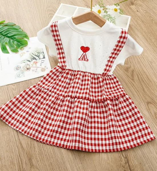 Girls Dress Short-sleeved Stitching Plaid Skirt Children's Highlights Fake Two-piece Princess Dress