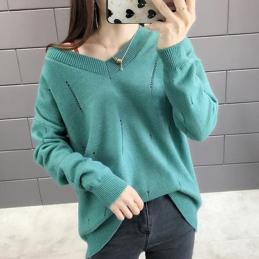 Women's Large Size Solid Color Versatile Loose Knitted Tops Spring and Autumn Long Sleeve Casual V-neck Sweaters