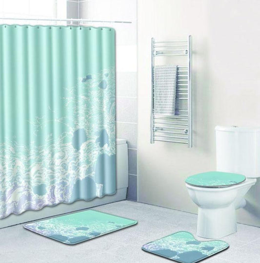 4-piece Shower Curtain and Cushion Bathroom Set Shower Curtain Non-slip Bath Mat Toilet Seat Cover Carpet Home Decor