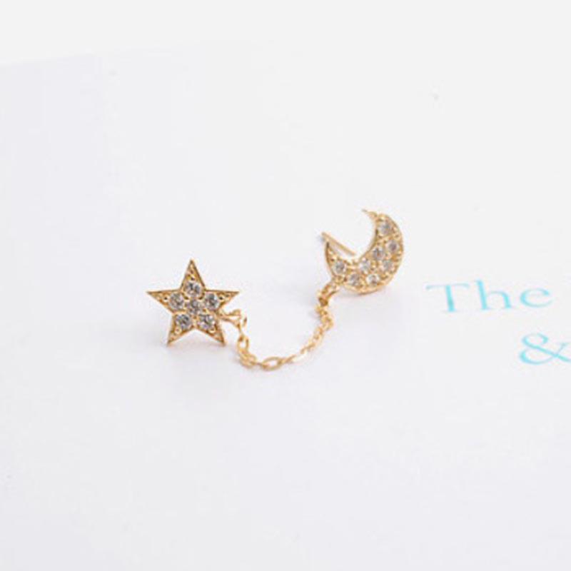 Star Moon Full Diamond Chain Earrings Single Ear Double Hole Stud Earrings Fashion Accessories