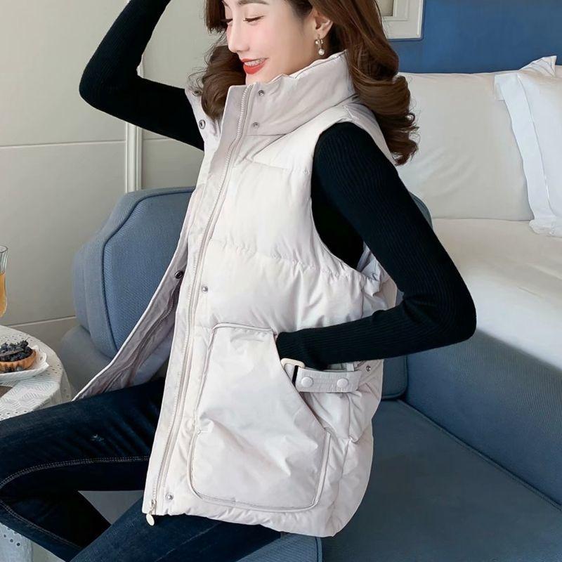 Autumn and Winter Solid Color Casual Down Cotton Vest Korean Version Loose Large Size Stand Collar Thickened Female Jacket