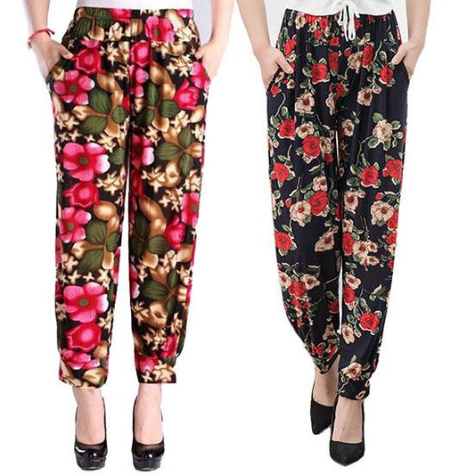 Women's Summer and Autumn Large Size Pants Loose Printed Jogger Pants High Waist Thin Casual 2pcs Cropped Pants