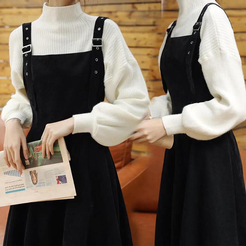 Single Piece/suit Autumn and Winter New Thin Dress Women's Knitted Sweater Loose Suspender Skirt Two-piece Temperament Lady Fan