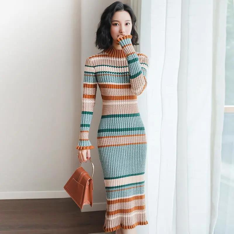 Mid-length Knitted Dress French Retro Dress Bottoming Turtleneck Sweater Dress Over The Knee 2021 Autumn and Winter Women