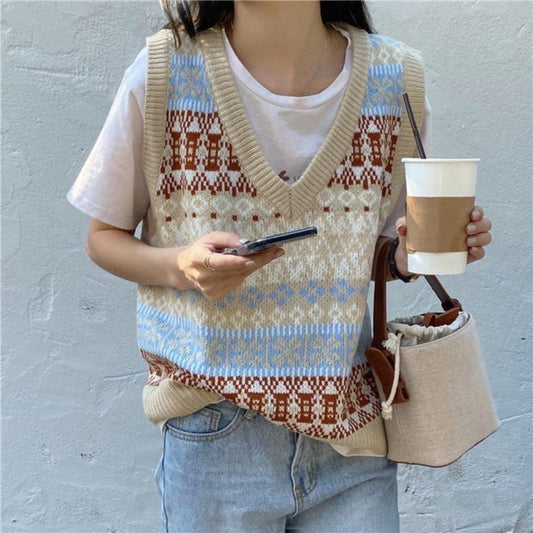 Autumn and Winter Loose Female Student Knit Sweater Wild V-neck Retro Vest Contrast Color Sleeveless Sweater