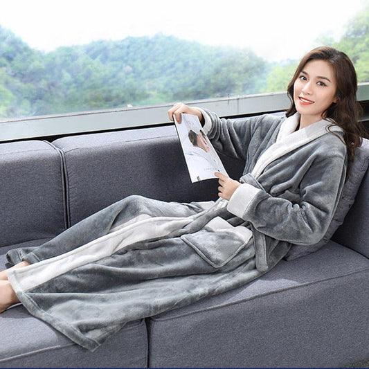 Extended Warm Night Gown Flannel Thick Bathrobe Coral Fleece Pajamas Can Be Worn Loose Home Clothes Fabric Skin-friendly and Soft