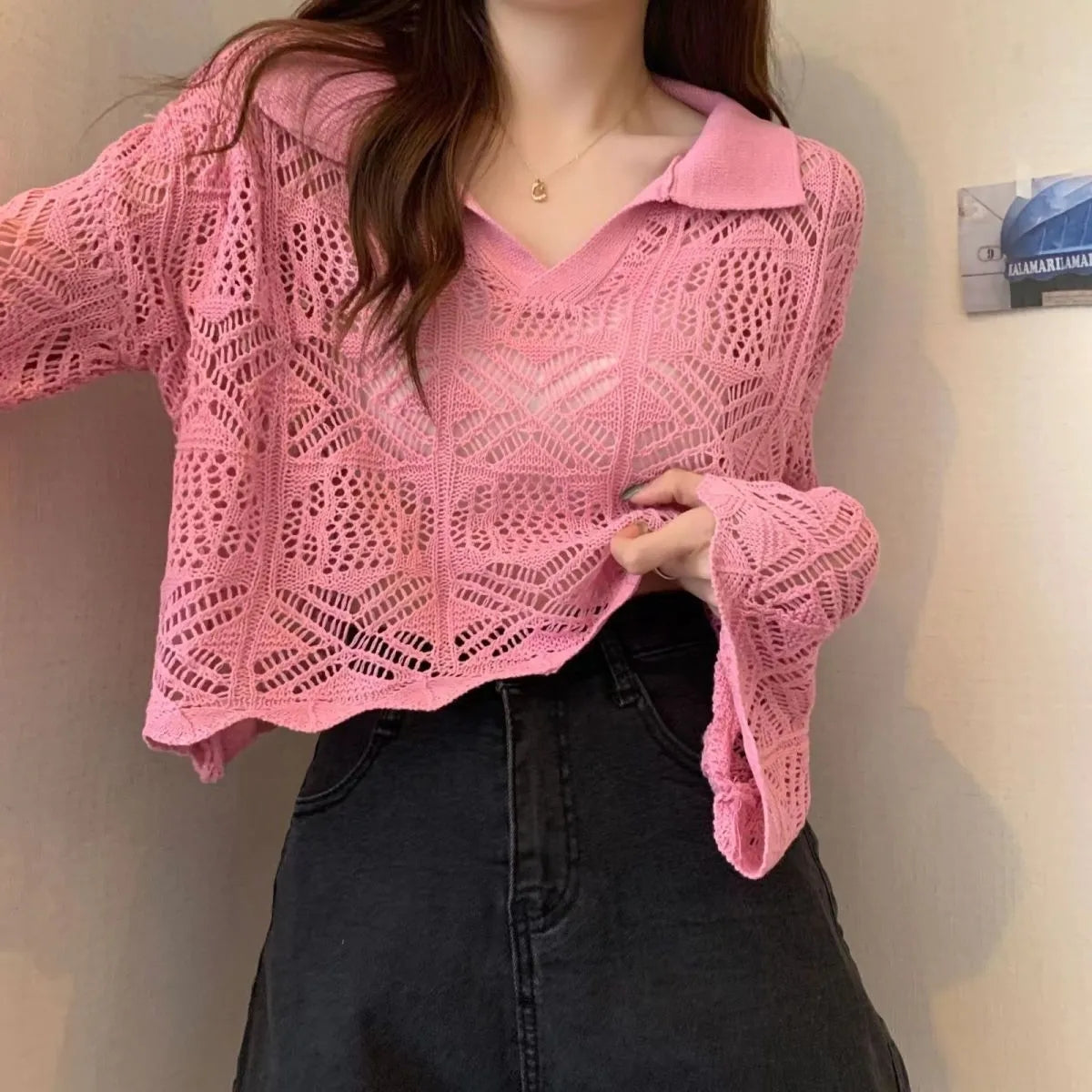 Side of The Blouse Drops Long-sleeved Short Sunscreen Hollow Sweater Girl