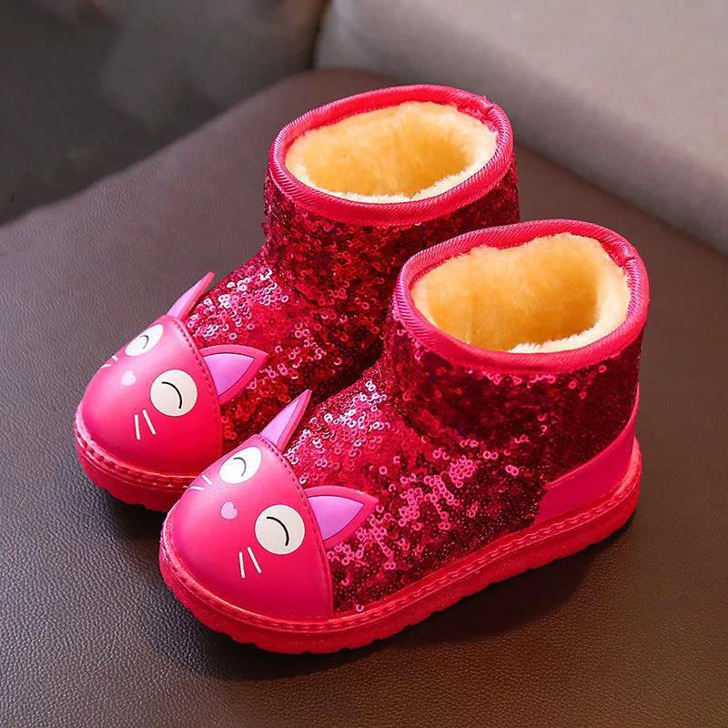 Winter Waterproof Cotton Boots Girl's Non Slip Plush Short Boots Children's Cartoon Sequins Snow Boots